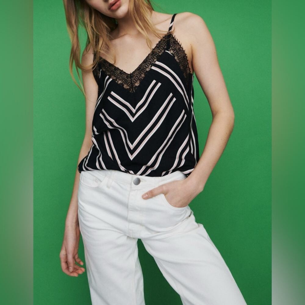 Maje Lisone Black White Red Chevron Stripe Lace Trim Tank Top 1 S